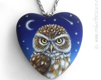 Little Owl Heart Pendant | Hand Painted Jewels