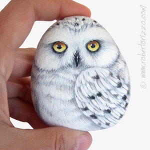 Snowy owl painted on a sea rock