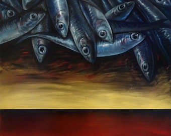 Obsessions - Original Bloody Fishes Painting | Surrealist Art by Roberto Rizzo | Original Art 100% Hand Painted