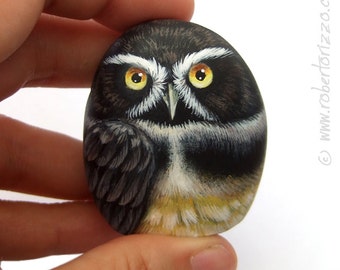 Original Hand Painted Stone Spectacled Rock Owl | Small Painted Owls by Roberto Rizzo | Unique Pieces of Art