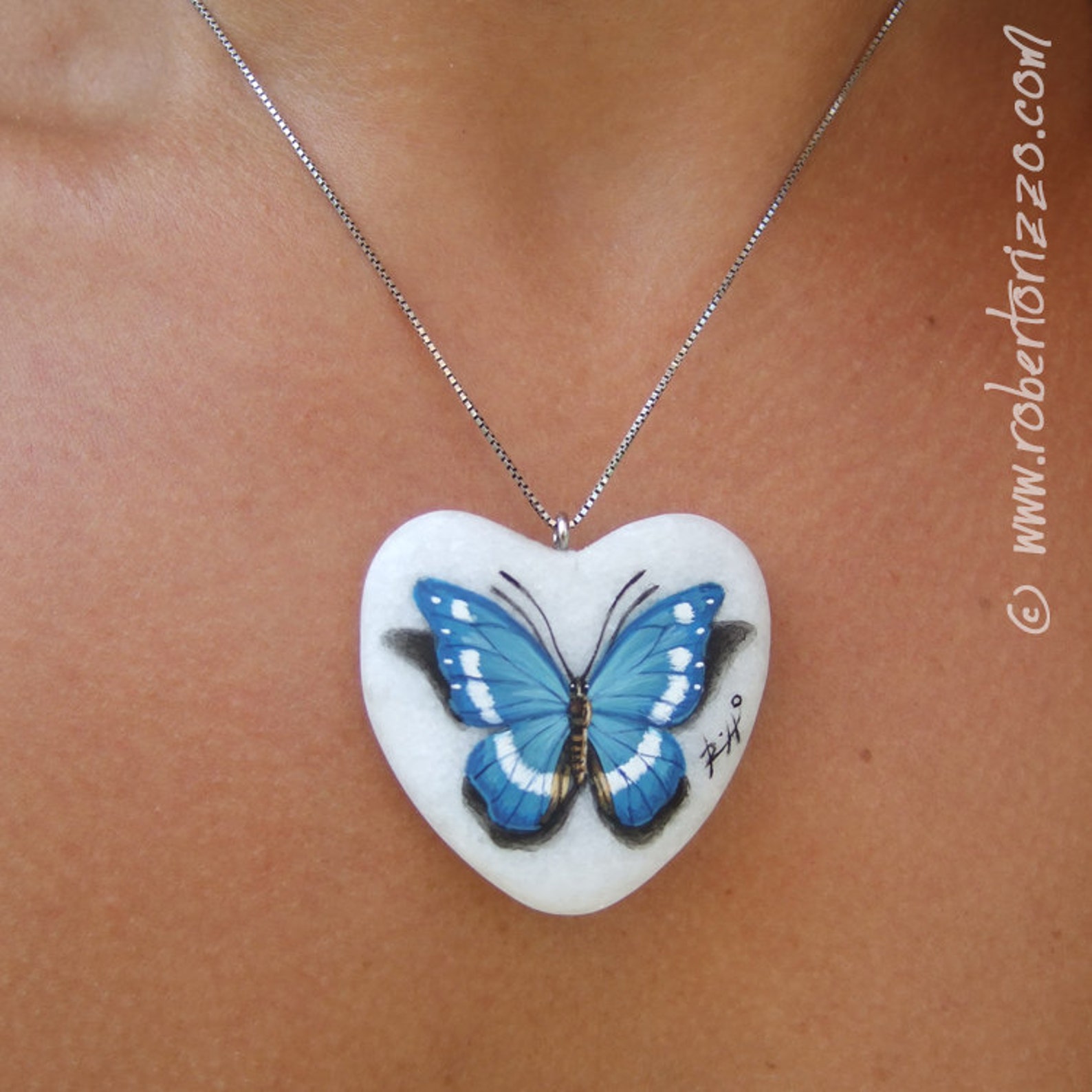 Heart Shaped Blue Butterfly Pendant Hand Painted Jewels Etsy