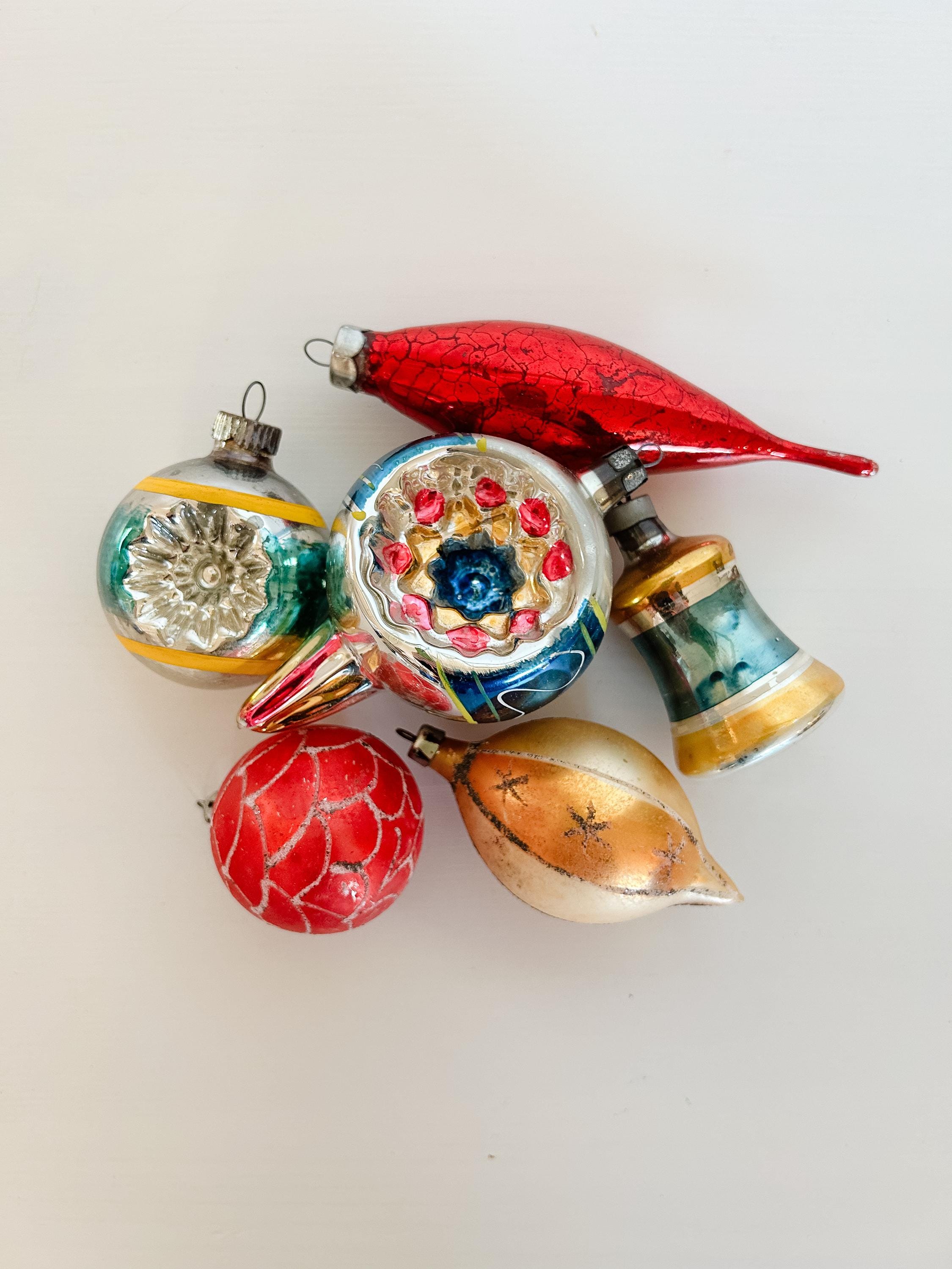 Vintage Christmas Ornaments - Set of (6) - Mix #101 Red/Blue/Yellow