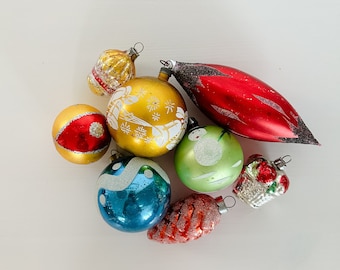 Vintage Christmas Ornaments - Set of (8) - Mix #79 Basket/Red/Yellow/Blue