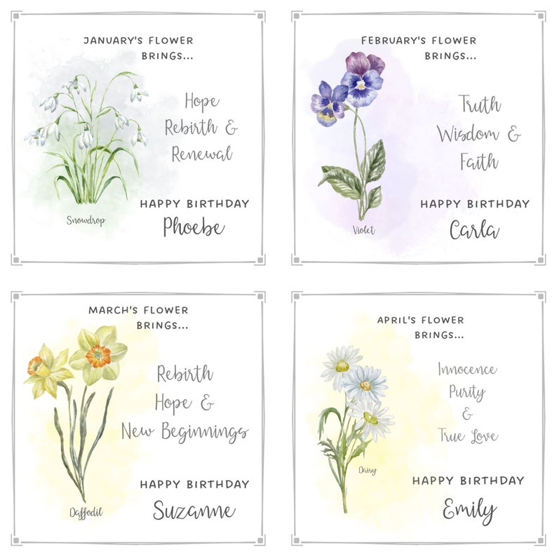 May include: Four floral birthday cards featuring watercolor illustrations of snowdrop, violet, daffodil, and daisy flowers. Each card includes text with the flower's name, associated meanings, and a personalized birthday message.