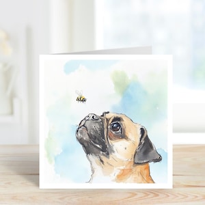 Mops und Biene Karte für jeden Anlass, Mops und Biene Geburtstagskarte, Mops Geburtstagskarte, Mops Blankokarte, Mops Liebhaberkarte, Mops und Biene Kunstkarte.