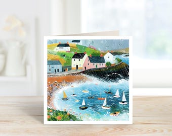 Tarjeta de cumpleaños o para cualquier ocasión con diseño de barcos y puerto al estilo del arte popular.