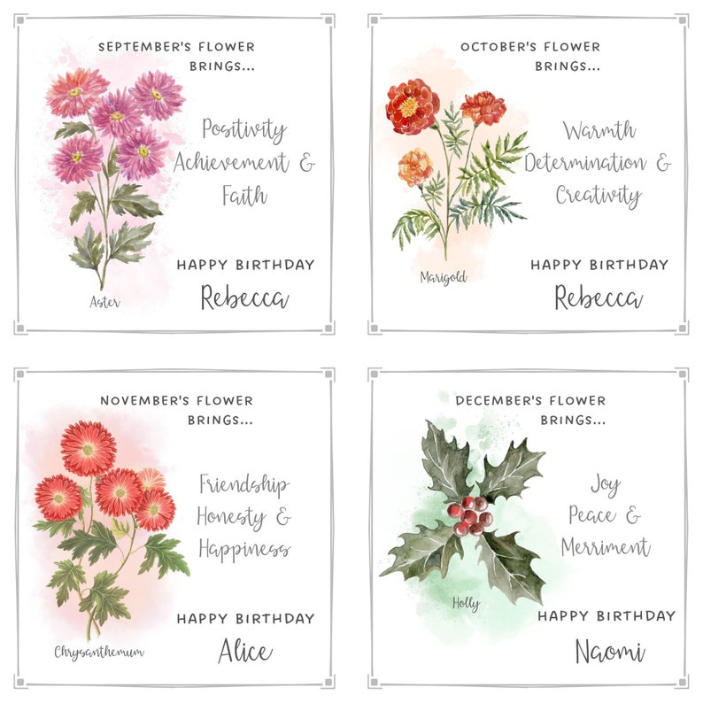 May include: Four floral birthday cards featuring watercolor illustrations of flowers. Each card includes the month's flower, associated virtues, and a personalized name. The flowers include aster, marigold, chrysanthemum, and holly.