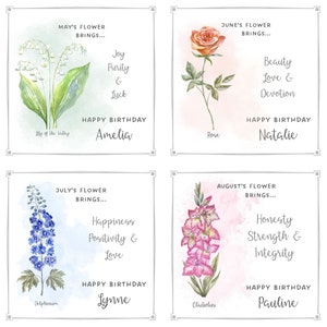 May include: Four watercolor floral art prints. Each print features a different flower, its name, and a list of associated virtues. The prints also include the text "Happy Birthday" and a name. The flowers are Lily of the Valley, Rose, Delphinium, and Gladiolus.