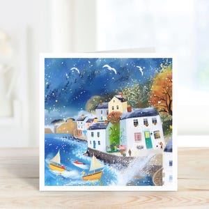 Boats and Harbour Card, Fishing Boats Blank Card, Harbour Card, Boats and Harbour Art Card, Fishing Boat Birthday Card, Stormy Sea Card.