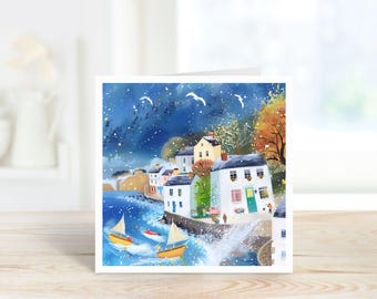 Boats and Harbour Card, Fishing Boats Blank Card, Harbour Card, Boats and Harbour Art Card, Fishing Boat Birthday Card, Stormy Sea Card.