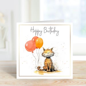 Katzen-Geburtstagskarte, Katze und Luftballons Geburtstagskarte,