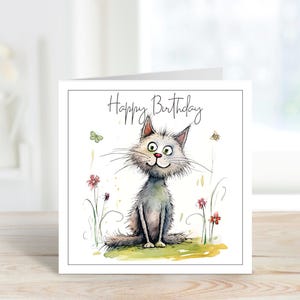 Carte d'anniversaire chat, carte d'anniversaire chat strass, carte d'anniversaire chat et fleurs, carte d'anniversaire d'amoureux des chats. Carte d'anniversaire de gardien de chat.