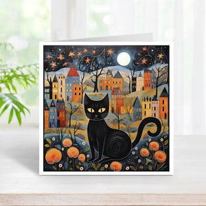 Volkskunst-Katzenkarte, schwarze Katzenkarte, Katze jede Anlasskarte, leere Katzenkarte, leere Katzenkarte, Katzengeburtstagskarte, Volkskunstkarte, Katzenkunstkarte.
