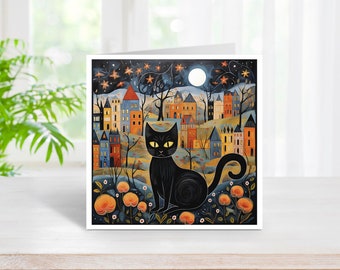 Folk Art Cat Card, Black Cat Card, Cat Any Occasion Card, Blank Cat Card, Cat Blank Card, Cat Birthday Card, Folk Art Card, Cat Art Card.