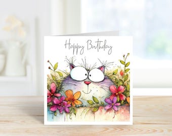 Tarjeta de cumpleaños divertida y feliz de gato.