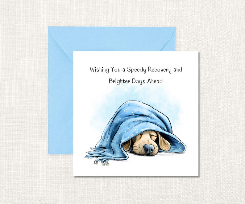 May include: A get-well card showing a cartoon dog sleeping under a blue blanket. The card reads "Wishing You a Speedy Recovery and Brighter Days Ahead." A light blue envelope is also included.