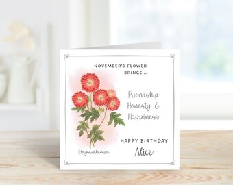 Personalisierte November Geburtstagskarte, Chrysantheme Geburtstagskarte, personalisierte Geburtstagskarte, Geburtsblumenkarte.