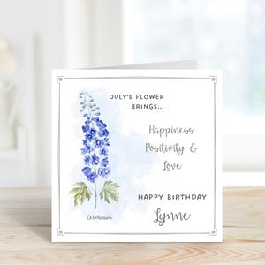 Personalisierte Juli Geburtstagskarte; Delphinium-Geburtstagskarte; Personalisierte Geburtstagskarte