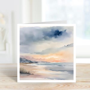 Carte de scène de plage au coucher du soleil, carte de paysage marin, carte d'art de la mer, carte d'art de plage, carte d'anniversaire de plage au coucher du soleil, carte de bord de mer pour toute occasion.