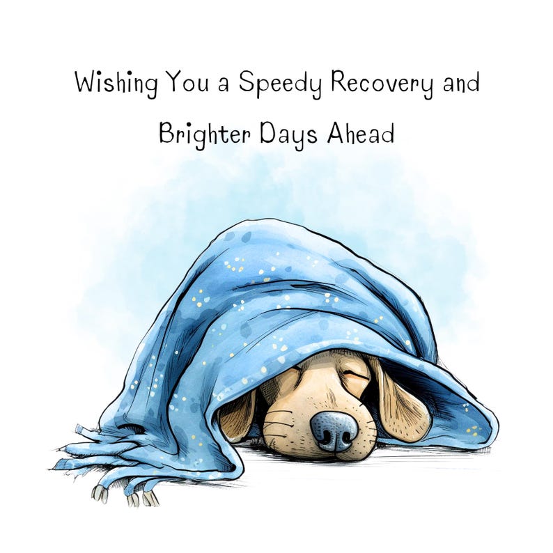May include: A get-well card illustration of a dog under a blue blanket with white star details. The card includes the text "Wishing You a Speedy Recovery and Brighter Days Ahead" in a black cursive font.
