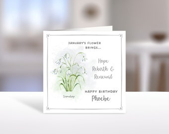 Carte personnalisée de fleur de naissance de janvier ; Carte d'anniversaire de janvier ; Carte d'anniversaire personnalisée ; Carte d'anniversaire de perce-neige