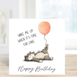May include: A square greeting card featuring a watercolour illustration of a grey and white tabby cat lying on its back, holding a peach-coloured balloon. The text reads WAKE ME UP WHEN IT'S TIME FOR CAKE and Happy Birthday in black script.
