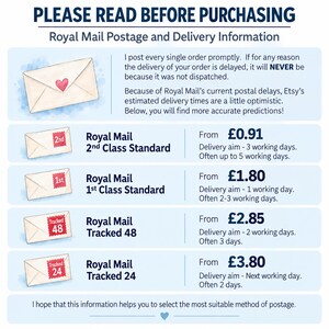 May include: An informational graphic titled PLEASE READ BEFORE PURCHASING Royal Mail Postage and Delivery Information. It lists four Royal Mail service options with their respective costs in British pounds and estimated delivery timeframes.