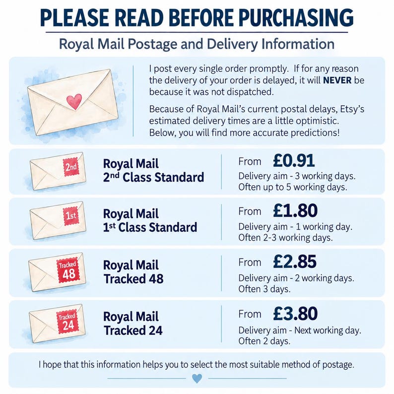 May include: An informational graphic titled PLEASE READ BEFORE PURCHASING Royal Mail Postage and Delivery Information. It lists four Royal Mail service options with their respective costs in British pounds and estimated delivery timeframes.