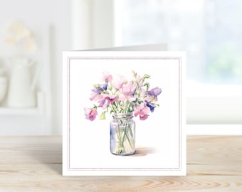 Sweet Pea Greetings Card, Sweet Peas Birthday Card, Sweet Peas Blank Card, Floral Card for Nan, Floral Card for Auntie, Any Occasion Card.