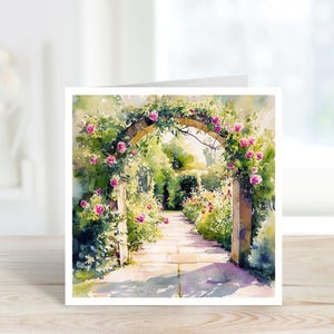 Carte d'art roseraie, carte d'art jardin, carte d'anniversaire de juin, carte d'anniversaire d'été, carte d'art de roses, carte d'anniversaire de roses, carte d'anniversaire de jardin.