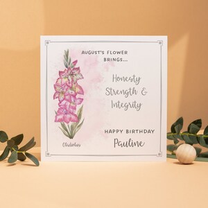Personalisierte August Geburtstagskarte, personalisierte Geburtsmonat Blumenkarte, Gladiolenkarte, personalisierte Geburtstagskarte