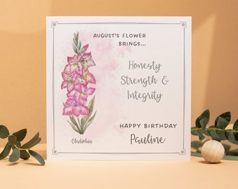 Carte d'anniversaire d'août personnalisée, carte de fleur de mois de naissance personnalisée, carte de glaïeul, carte d'anniversaire personnalisée