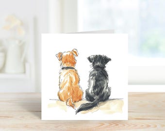 Dogs Art Card, Dogs Blank Card, Dogs Birthday Card, Two Dogs Card, Two's Company Dogs Card, Dog Lover's Card, Dog Friendship Card.