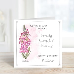 Personalisierte August Geburtstagskarte, personalisierte Geburtsmonat Blumenkarte, Gladiolenkarte, personalisierte Geburtstagskarte