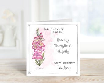 Personalised August Birthday Card, Personalised Birth Month Flower Card, Gladiolus Card, Personalised Birthday Card