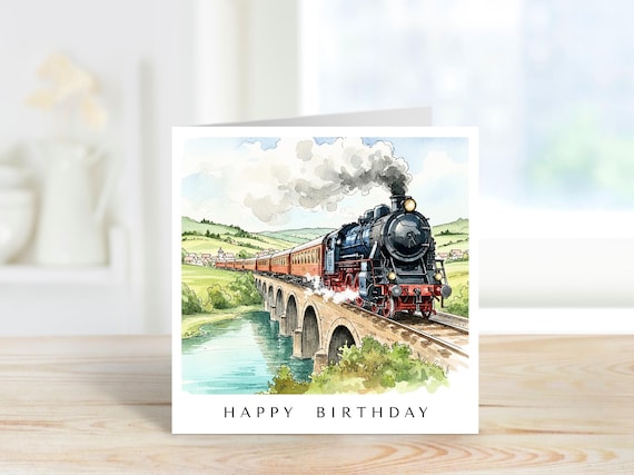 Steam Train Birthday Card: Pen and Wash Illustration.