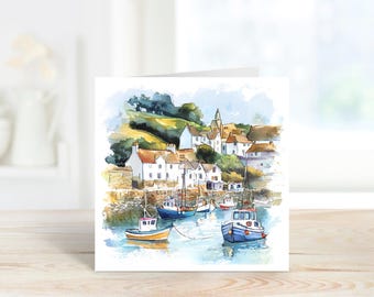 Cornish Fishing Village Greetings Card, Coastal Harbor Art