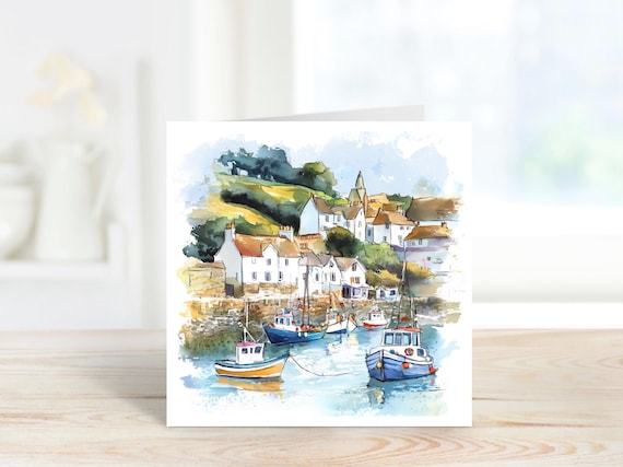 Cornish Fishing Village Greetings Card, Coastal Harbor Art