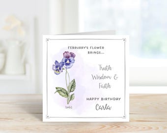 Personalised February Birth Flower Card; Violet Birthday Card; Personalised Birthday Card; February Birthday Card.