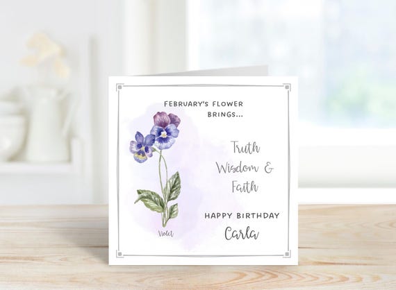 Personalised February Birth Flower Card; Violet Birthday Card; Personalised Birthday Card; February Birthday Card.