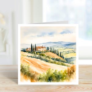 Carte d'art Toscane, carte d'anniversaire aquarelle Toscane, Toscane, carte d'art italien, carte aquarelle paysage toscan, carte aquarelle art.