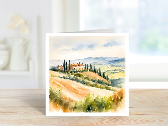 Tuscany Art Card, Watercolour Tuscany Birthday Card, Tuscany, Italian Art Card, Watercolour Tuscan Landscape Card, Watercolour Art Card.
