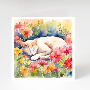 Katzen Geburtstagskarte, schlafende Katze Geburtstagskarte, Katzenkunstkarte, Katzenaquarellkarte, Katzenleerkarte, Katzenkarte für jeden Anlass, Katzenblumenkarte.