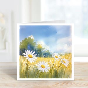 Carte de voeux marguerite, carte d'art marguerite, carte marguerite aquarelle, marguerites d'été, carte d'anniversaire marguerite, carte vierge marguerite, carte d'anniversaire avril.