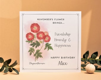 Carte d'anniversaire personnalisée de novembre, carte d'anniversaire de chrysanthème, carte d'anniversaire personnalisée, carte de fleur de naissance.