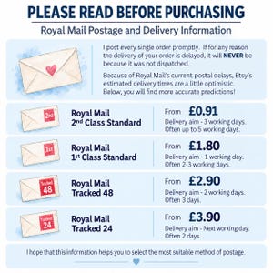 Peut inclure: Un graphique informatif intitul&eacute; PLEASE READ BEFORE PURCHASING d&eacute;taillant les options d'envoi Royal Mail. Il pr&eacute;sente les services 2nd Class, 1st Class, Tracked 48 et Tracked 24 avec leurs tarifs en livres sterling et d&eacute;lais de livraison.