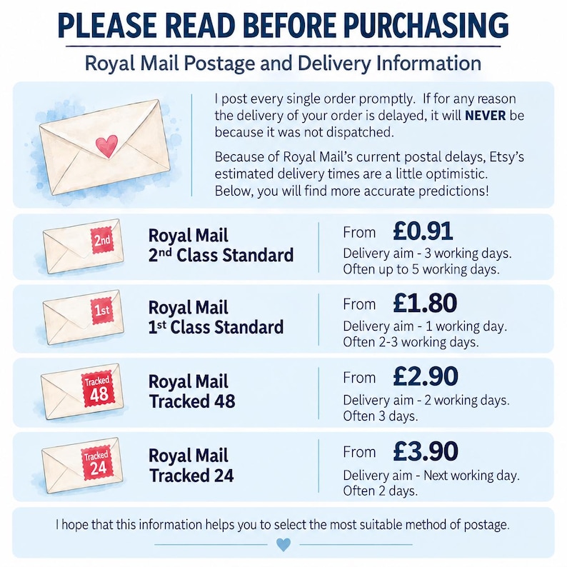 Peut inclure: Un graphique informatif intitul&eacute; PLEASE READ BEFORE PURCHASING d&eacute;taillant les options d'envoi Royal Mail. Il pr&eacute;sente les services 2nd Class, 1st Class, Tracked 48 et Tracked 24 avec leurs tarifs en livres sterling et d&eacute;lais de livraison.