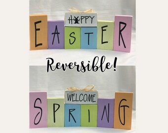 Happy Easter/Welcome Spring- Reversible block set, home decor, Easter decor, spring decor
