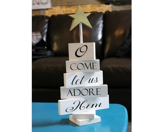 Wooden Christmas Tree, O Come Let Us Adore Him, holiday decor