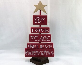 Wooden Christmas Tree, Joy Love Peace Believe Christmas, holiday decor